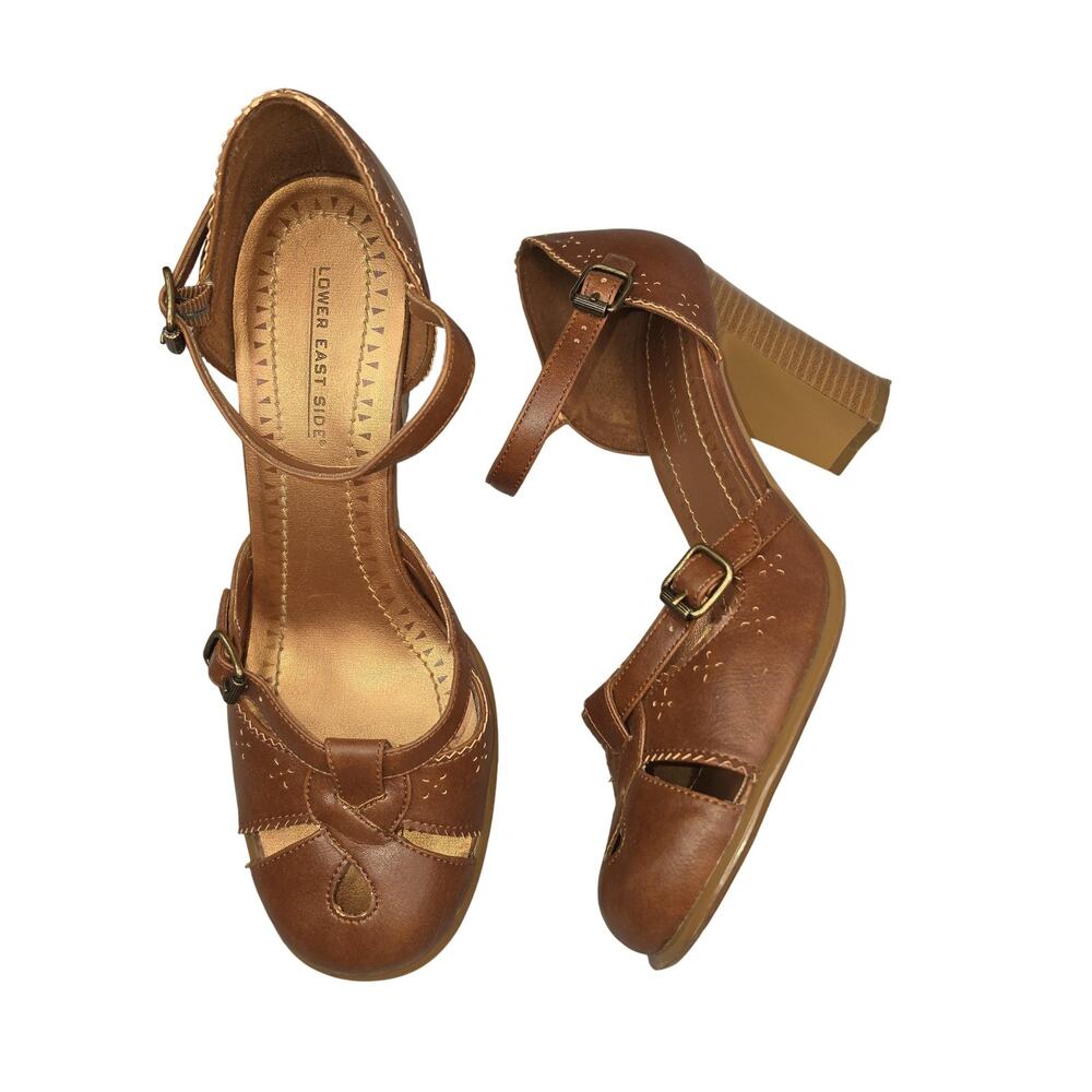 Lower East Side Shoes Women 9.5 Brown Ankle Strap Block Heel Pumps Coquette Boho